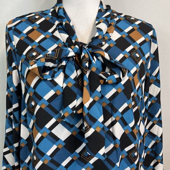 Nine West Blouse Tunic size Medium Blue Brown Bow Neck Tie Career Modest Church - Picture 3 of 8